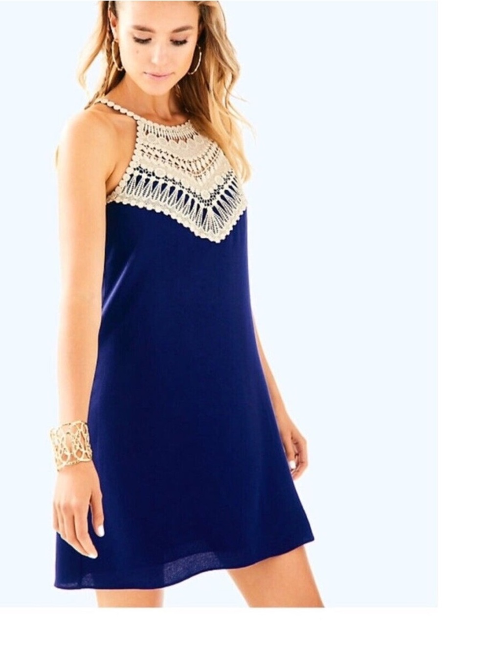 LILLY PULITZER PEARL SOFT SHIFT DRESS SIZE 8 BLUE GOLD TRIM